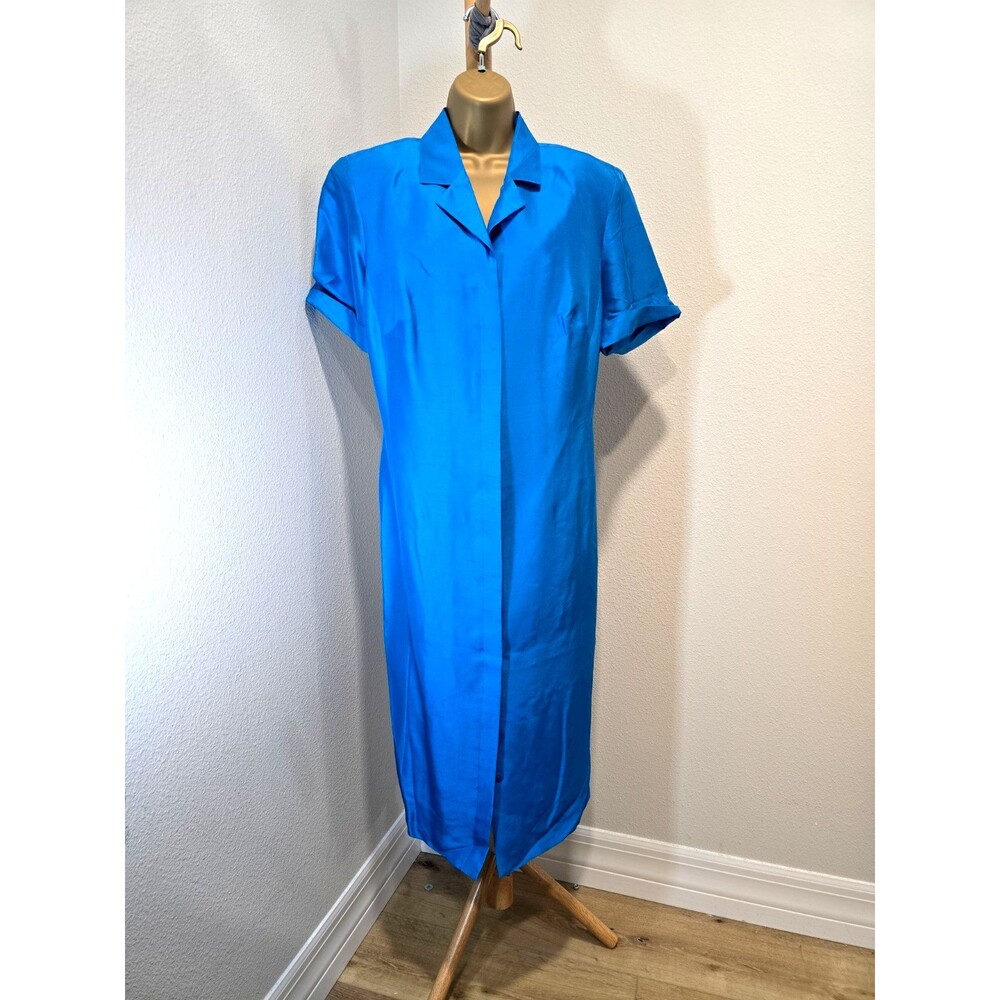 Vtg Bahari Group Silk Shirt Dress Size 14 Blue Button Short Sleeve Office Career